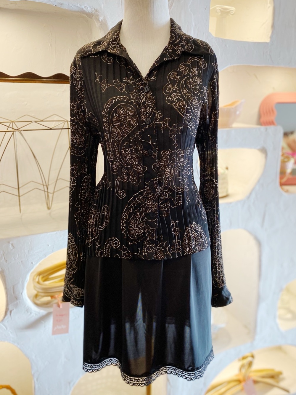 Y2K Vintage Pleated Sheer Button Up Black Blouse with Brown Paisley Pattern